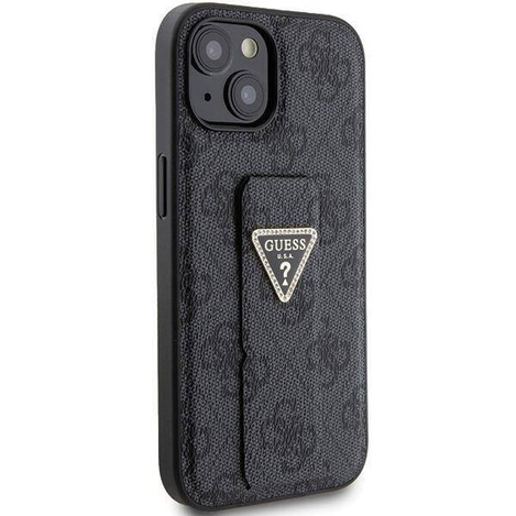 Guess Grip Stand 4G Triangle Strass Hülle für iPhone 15 – Schwarz