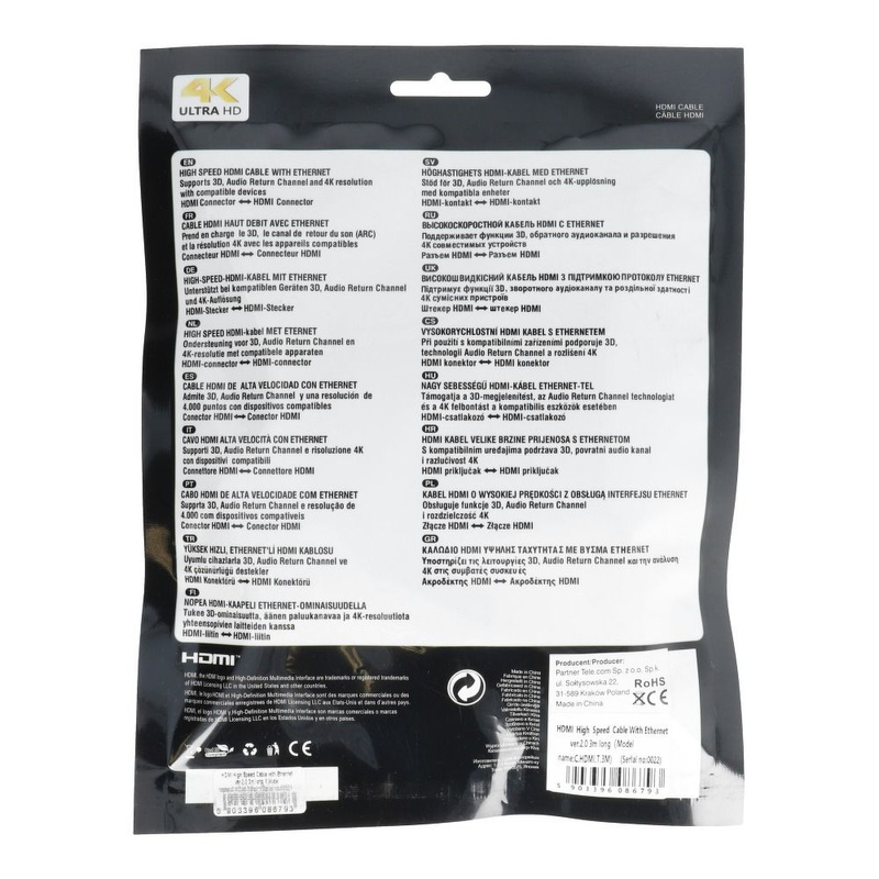 Kabel HDMI - HDMI High Speed HDMI Cable with Ethernet wer. 2.0 długość 3m BLISTER