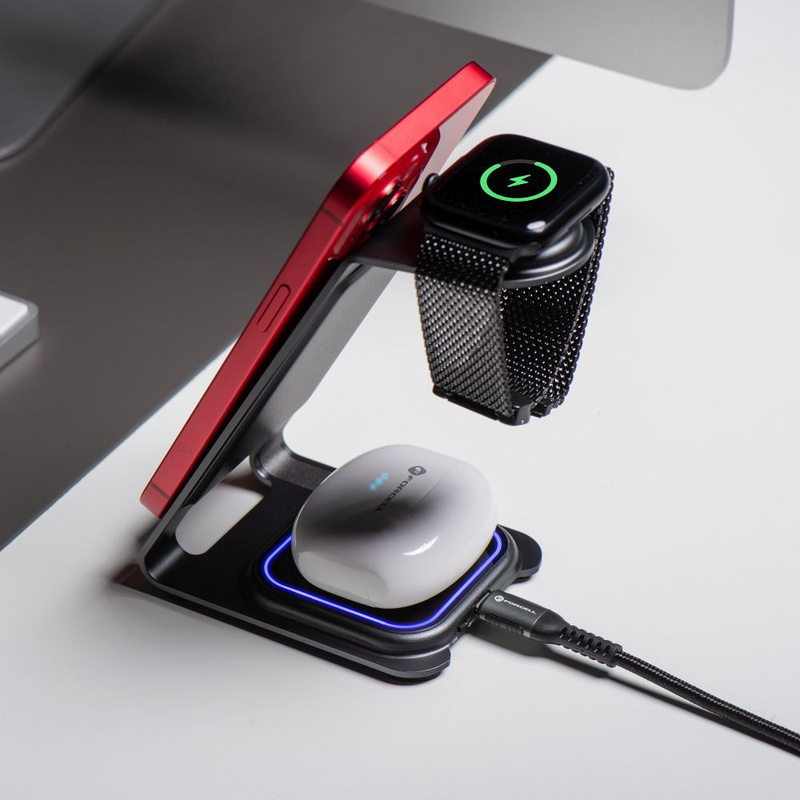 Ładowarka indukcyjna Forcell F-Energy 3w1 Simply Charge kompatybilna z Apple Watch i Samsung Watch szara