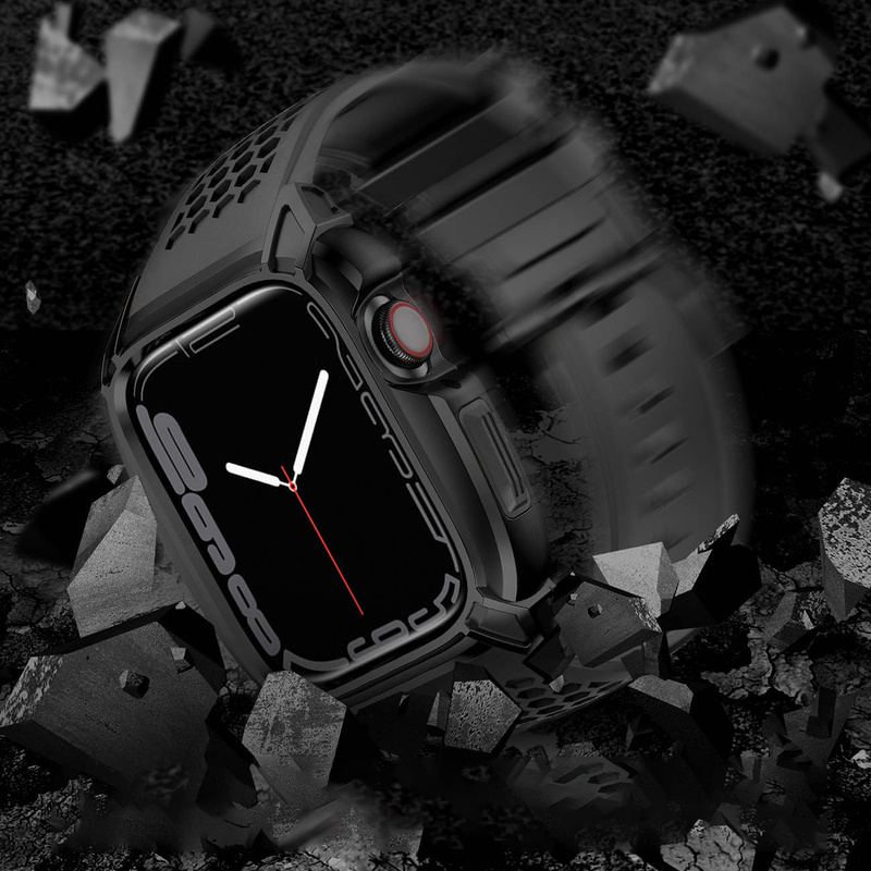 Kingxbar CYF148 2in1 Rugged Case for Apple Watch SE, 6, 5, 4 (44 mm) Stainless Steel with Strap Black