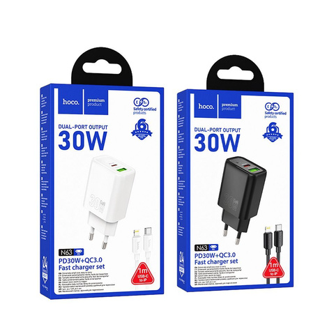 HOCO ładowarka sieciowa USB A + Typ C + kabel Typ C do Lightning PD QC3.0 3A 30W N63 biała