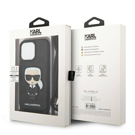 Original Case IPHONE 13 PRO Karl Lagerfeld Hardcase Leather Monogram Patch And Cord Iconik (KLHCP13LCMNIPK) black