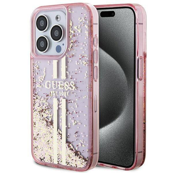 Oryginalne Etui GUESS Hardcase GUHCP15LLFCSEGP do iPhone 15 Pro (Liquid Glitter Gold Stripes / różowy)