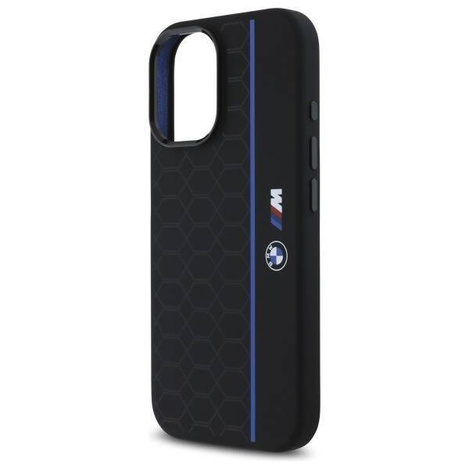 Original Handyhülle IPHONE 16 BMW Hardcase Silicone Hexagon Blue Line MagSafe (BMHMP16S23SHEB) schwarz