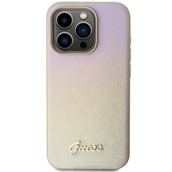 Oryginalne Etui GUESS hardcase Saffiano Iridescent Script GUHCP15LPSAIRSD do Iphone 15 Pro złoty