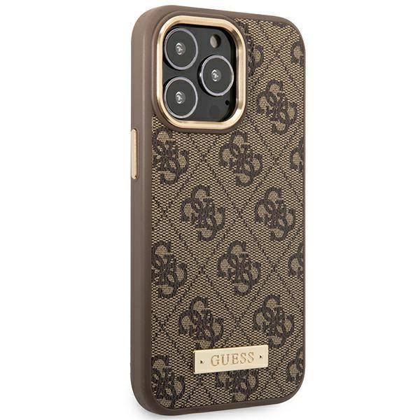 Original Handyhülle IPHONE 14 PRO Guess Hard Case 4G Logo Plate MagSafe (GUHMP14LU4GPRW) braun