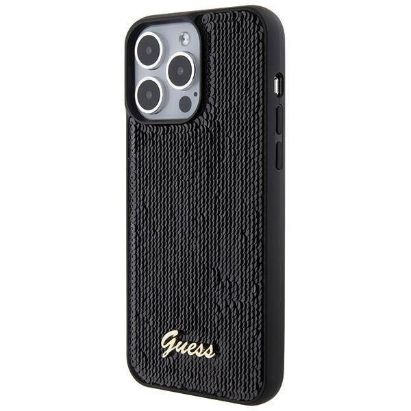 Guess Pailletten-Schriftzug-Metallgehäuse für iPhone 15 Pro Max – Schwarz