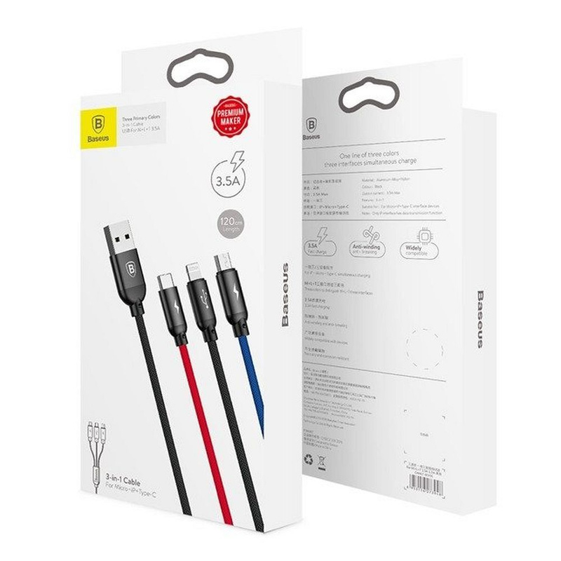 Baseus 3in1 Cable USB-C / Lightning / Micro 3,5A 0,3m (Black)