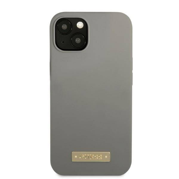 Original Handyhülle IPHONE 13 MINI Guess Hard Case Silicone Logo Plate MagSafe (GUHMP13SSPLG) grau