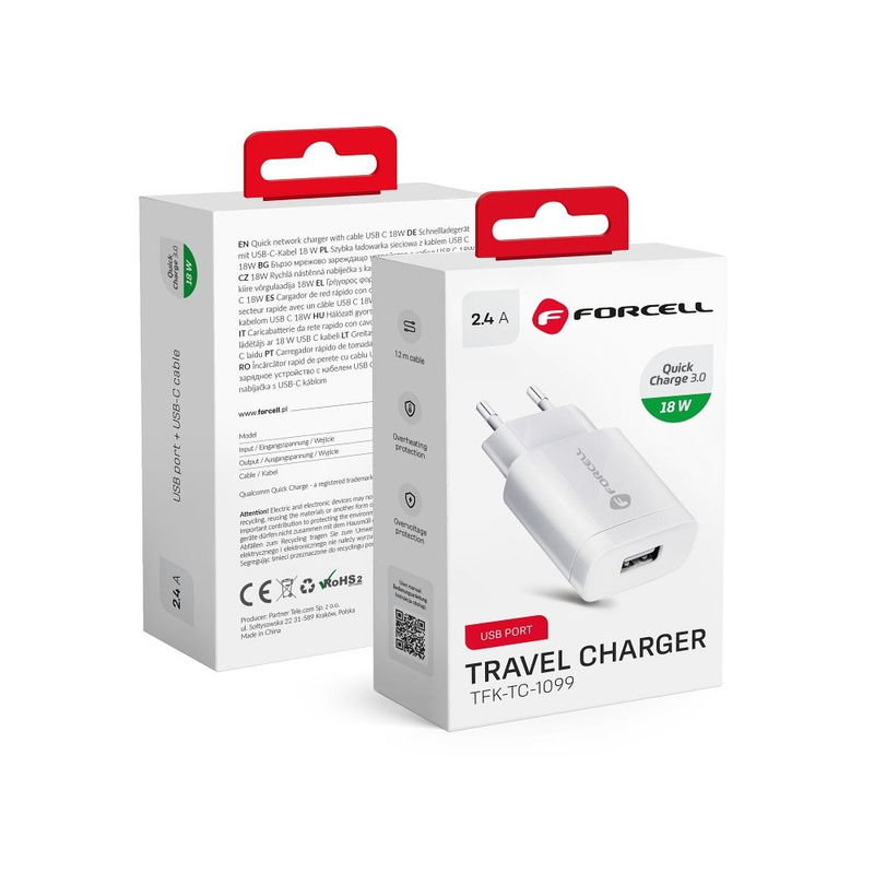 Forcell Ładowarka Sieciowa ze złączem USB A - 2,4A 18W z funkcją Quick Charge 3.0
