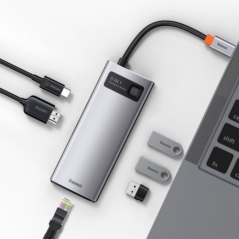 Baseus Metal Gleam 6w1 wielofunkcyjny hub USB Typ C - USB Typ C Power Delivery 100 W / HDMI 4K 30 Hz / 3x USB 3.2 Gen 1 / RJ45 1 Gbps Szary (CAHUB-CW0G)