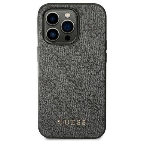 Guess GUHCP14LG4GFGR iPhone 14 Pro 6.1 &quot;Grau / Graues Hartschalenetui 4G Metal Gold Logo