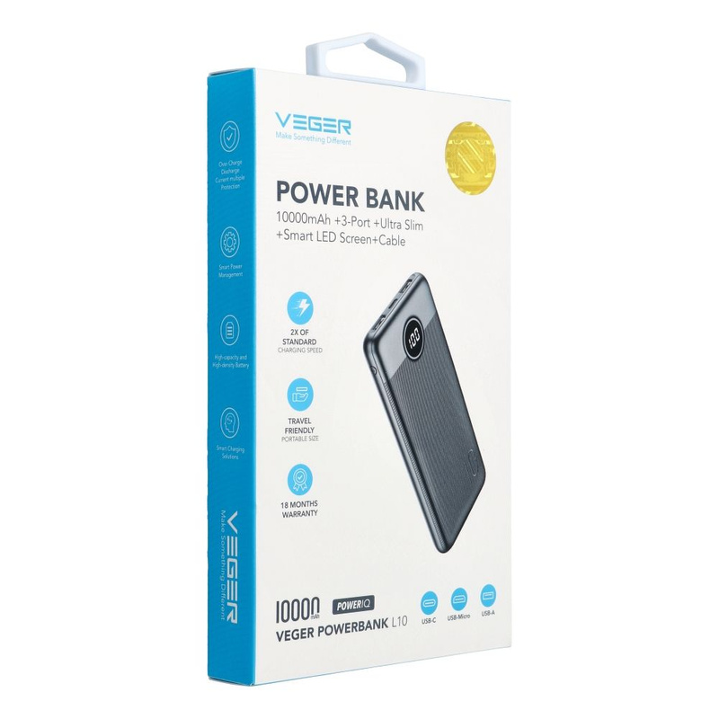 Bateria zewnętrzna (Powerbank) VEGER L10 - 10 000mAh LCD czarny (W1105)