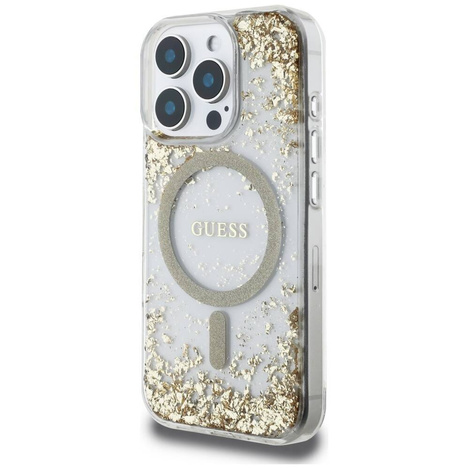GUESS futerał do IPHONE 16 Pro kompatybilny z MagSafe GUHMP16LRGRGED (Resin Bottom Glitter) złoty