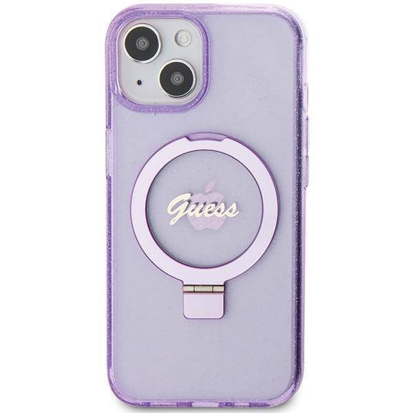 Guess Ring Stand Script Glitter MagSafe Hülle für iPhone 15 Plus / 14 Plus – Lila