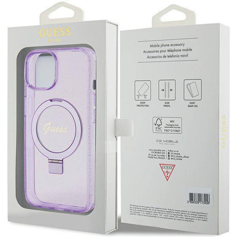 Guess Ring Stand Script Glitter MagSafe Hülle für iPhone 15 Plus / 14 Plus – Lila