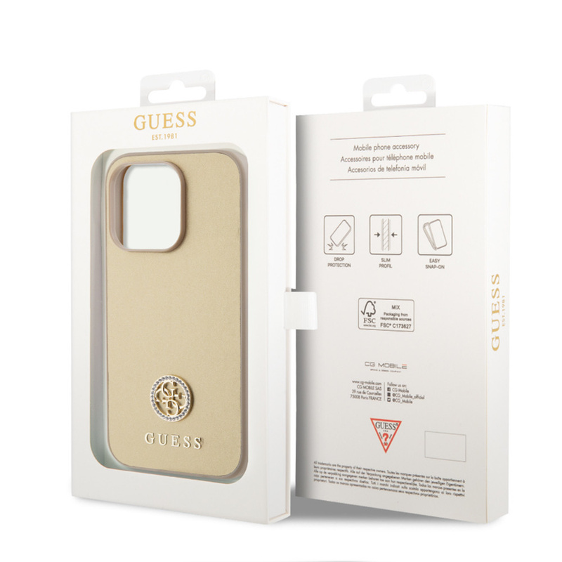 Guess GUHCP15LPS4DGPD iPhone 15 Pro 6,1&quot; Gold/Gold Hardcase Strass Metall Logo