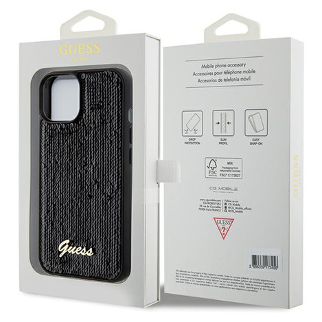 Guess Pailletten Script Metallhülle für iPhone 15 – Schwarz
