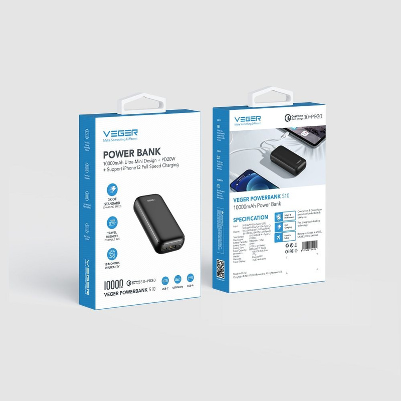 Bateria zewnętrzna (Powerbank) VEGER S10 - 10 000mAh LCD Quick Charge PD 20W czarny (W1135)