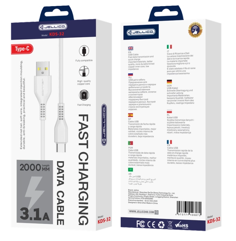 JELLICO kabel KDS-32 USB-C USB 3.1A 2M Biały