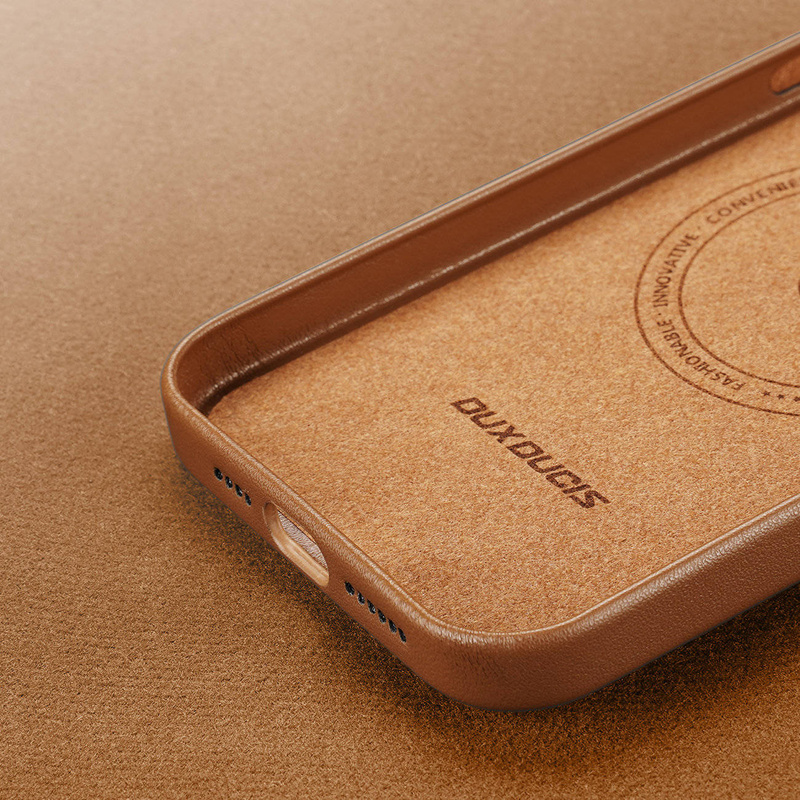 Dux Ducis Grit Ledertasche für iPhone 14 Max Elegante Kunstlederhülle (MagSafe-kompatibel) Braun