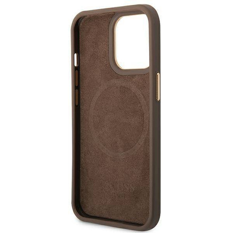 Original Handyhülle IPHONE 14 PRO Guess Hard Case 4G Logo Plate MagSafe (GUHMP14LU4GPRW) braun