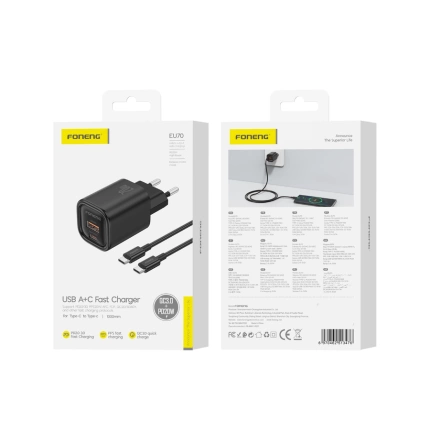 FONENG Netz-Ladegerät EU70 PD 20W 1xUSB-C + 1xUSB QC3.0 + kabel USB-C - USB-C schwarz