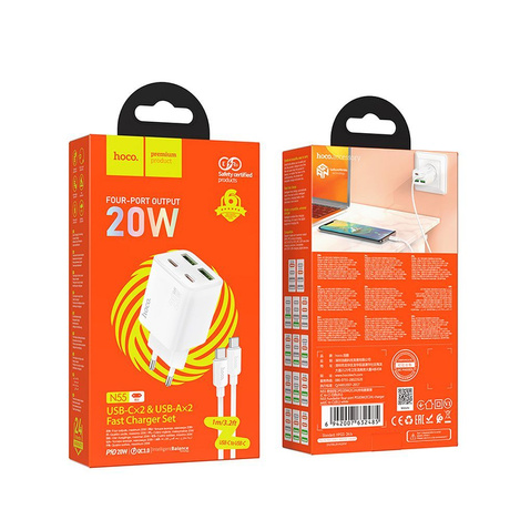 Ładowarka sieciowa do telefonu Hoco 2 x USB C + 2 x USB A QC3.0 PD 3A 20W + kabel USB C do USB C N55 biała