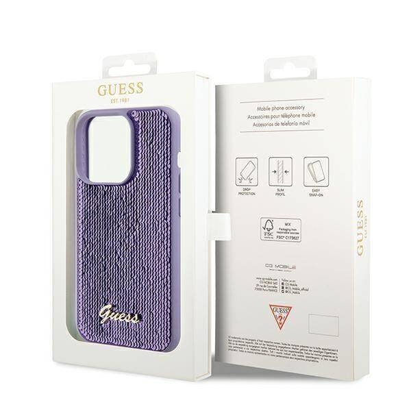 Etui Guess Sequin Script Metal na iPhone 14 Pro Max - fioletowe
