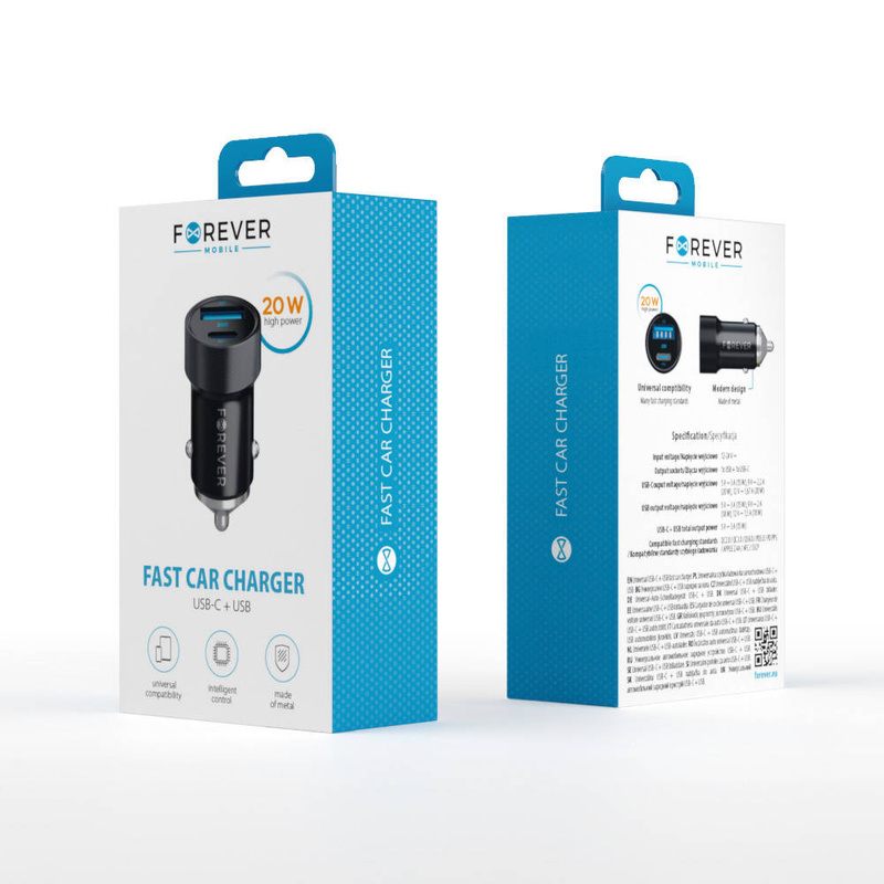 Forever ładowarka samochodowa PD3.0 + QC3.0 CC-06 1x USB-C 1x USB 20W czarna