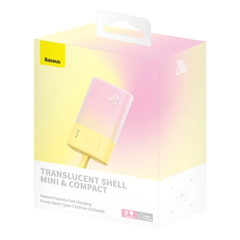 Baseus Popsicle 5200mAh 20W Powerbank with Built-in Lightning Cable (+ White Baseus Simple USB-C - USB-C 60W/20V/3A/30cm Cable) - Yellow-Pink