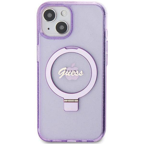 Guess Ring Stand Script Glitter MagSafe case for iPhone 15 Plus / 14 Plus - purple