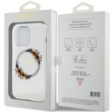 Oryginalne Etui GUESS Hardcase GUHMP15XHFWFCT do iPhone 15 Pro Max (Kompatybilny z Magsafe / Flowers Wreath / transparent)