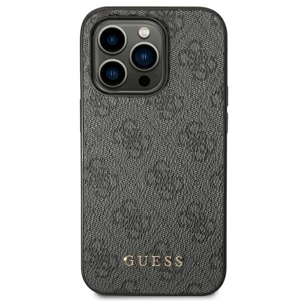 Guess GUHCP14LG4GFGR iPhone 14 Pro 6.1 &quot;Grau / Graues Hartschalenetui 4G Metal Gold Logo