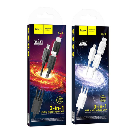 HOCO kabel 3w1 USB A do Lightning / Micro USB / Typ C 2A X74 1 m biały