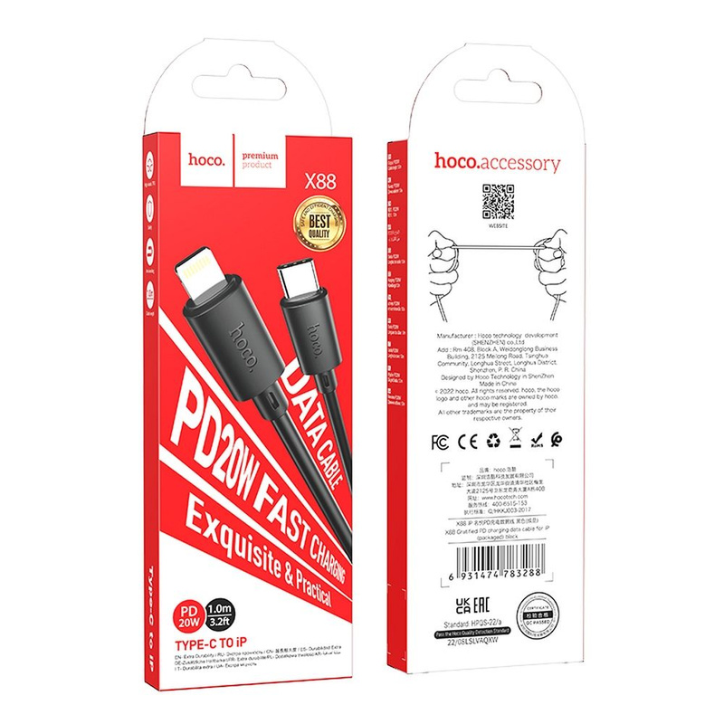 HOCO kabel Typ C do iPhone Lightning 8-pin Power Delivery 20W Gratifed X88 czarny