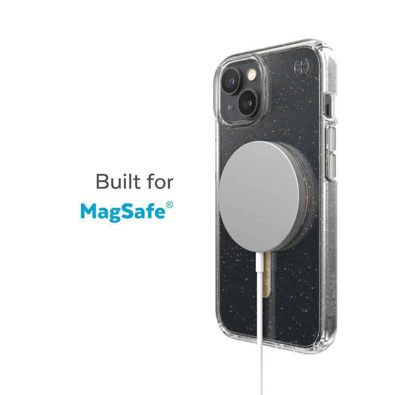 Speck Presidio Perfect-Clear with Glitter + MagSafe - Etui iPhone 14 Plus z powłoką MICROBAN (Clear / Gold Glitter)