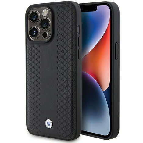 BMW Lederhülle mit Rautenmuster für iPhone 15 Pro Max – Schwarz