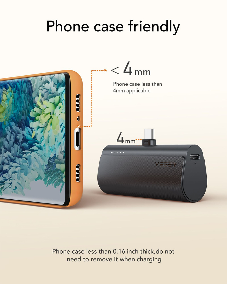 Bateria zewnętrzna (Powerbank) VEGER PlugOn - 5000mAh z wbudowanym złączem Typ C PD 20W (W0556P)