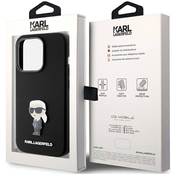 Karl Lagerfeld Silikon Ikonik Metal Pin Hülle für iPhone 15 Pro – Schwarz