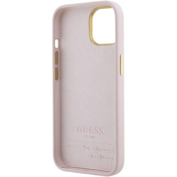 Guess Silicone Script Metal Logo & Frame case for iPhone 15 - pink