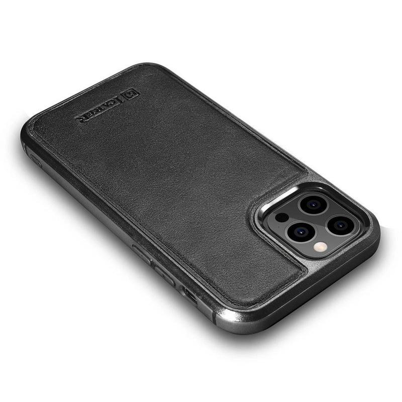 iCarer Leather Oil Wax etui pokryte naturalną skórą do iPhone 12 Pro Max czarny (ALI1206-BK)