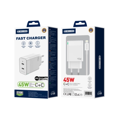 JELLICO ładowarka sieciowa C106 GaN PD 45W 2xUSB-C + kabel USB-C - Lightning Biały
