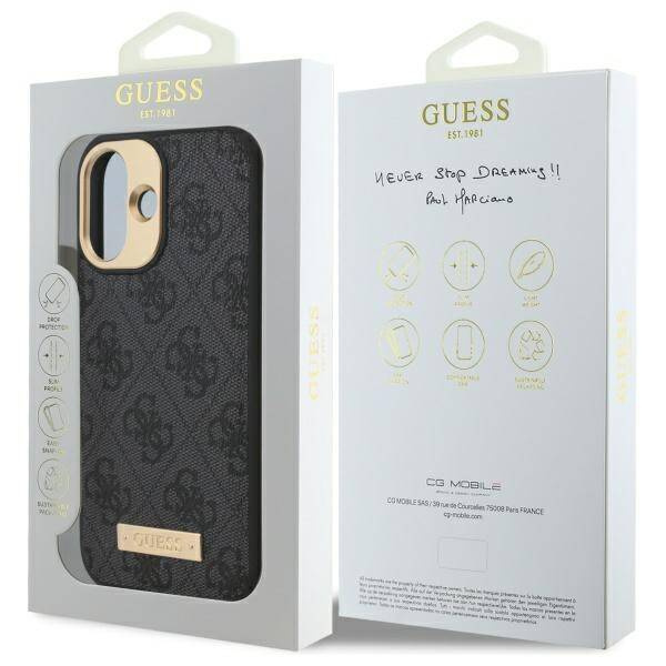 Original Handyhülle IPHONE 16 Guess Hardcase 4G Logo Plate MagSafe (GUHMP16SU4GPRK) schwarz