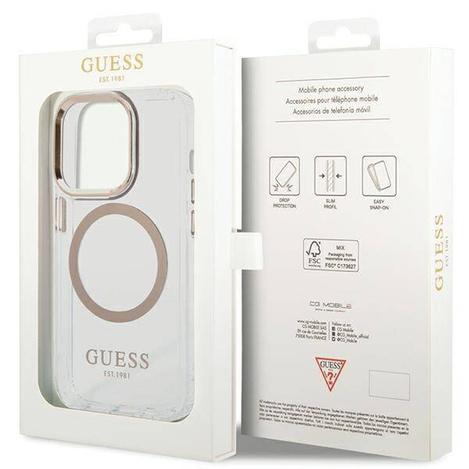 Oryginalne Etui IPHONE 15 PRO MAX Guess Hard Case Metal Outline Magsafe złote