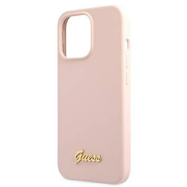 Guess GUHMP13XLSLMGLP iPhone 13 Pro Max 6,7 &quot;Hellrosa / Hellrosa Hardcase Silikonschrift Gold Logo Magsafe