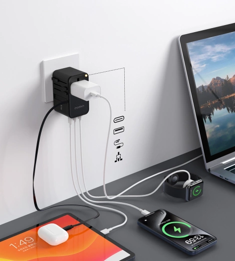 Choetech PD5022 70W EU/US/AUS/UK Reiseadapter mit integriertem USB-C-Kabel – Schwarz