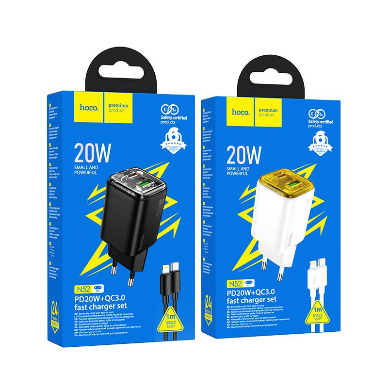 Ładowarka sieciowa do telefonu Hoco USB A + USB C QC3.0 PD 3A 20W + kabel USB C do USB C N52 biała