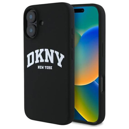 Original Handyhülle IPHONE 16 DKNY Hardcase Silicone White Printed Logo MagSafe (DKHMP16SSNYACH) schwarz