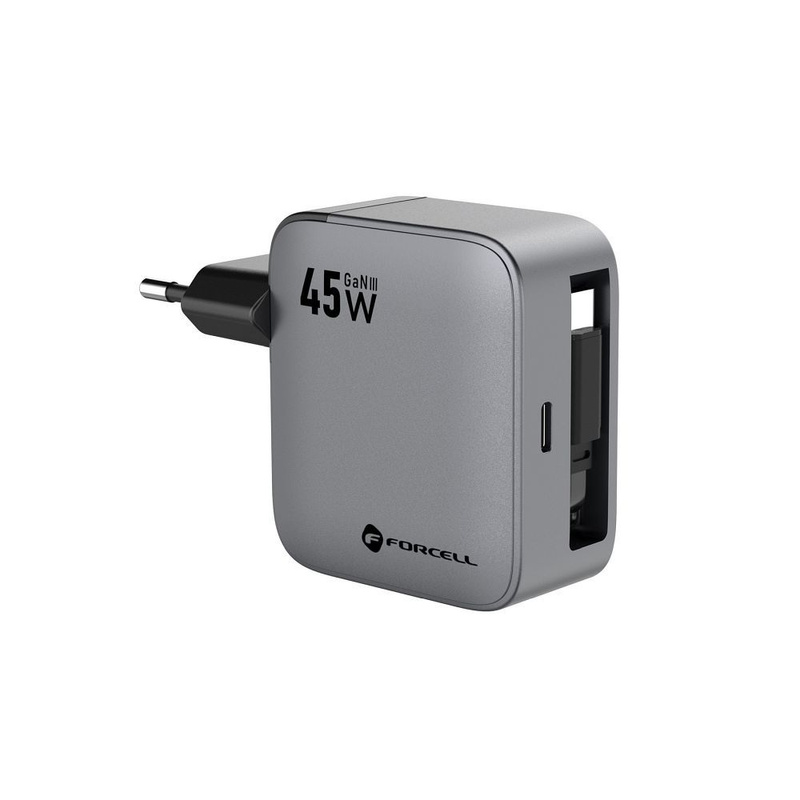 Ładowarka sieciowa do telefonu Forcell F-Energy GaN USB C + zwijany kabel USB C PD QC4.0 3A 45W VT-R5 szara